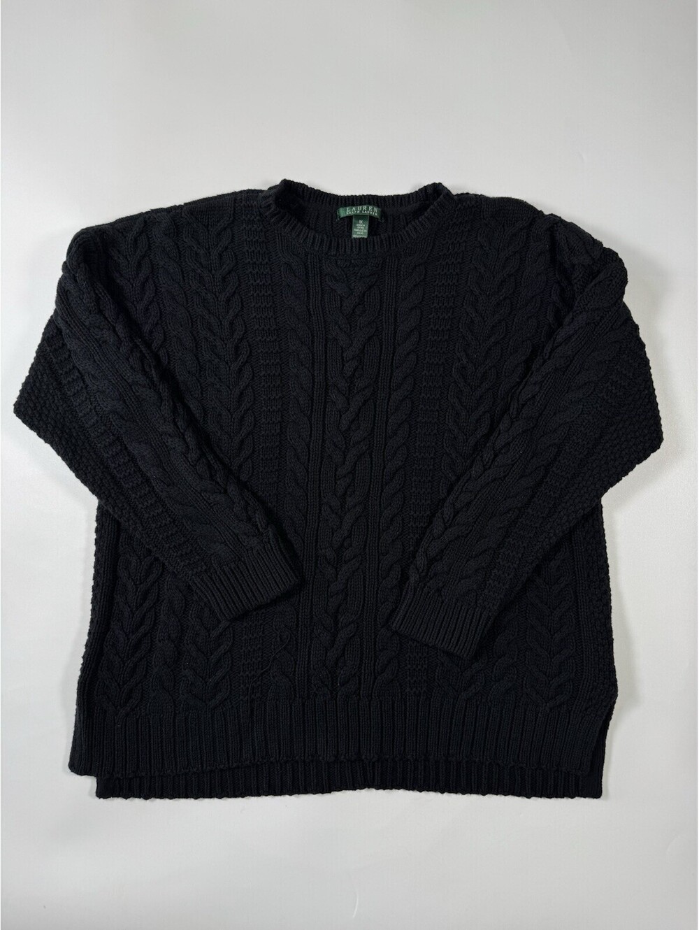 Lauren Ralph Lauren Sweater Womens 1X Black Cable Knit 100% Cotton Crewneck